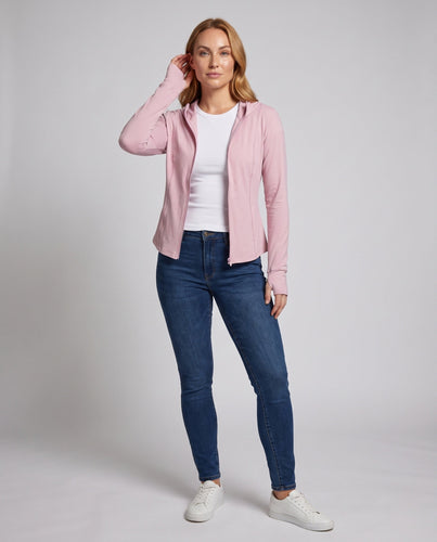Damen nan figurnahe Stretch-Kapuzenjacke mit Reißverschluss und Daumenlöchern Echo Archiv