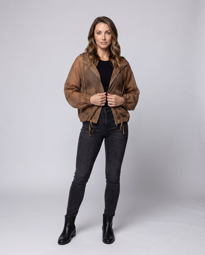 Damen nan leichte transparente Kapuzenjacke aus Chiffon mit Reißverschluss Tunnelzug und aufgesetzten Taschen Echo Archiv