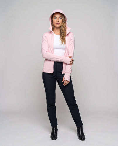Damen nan minimalistisches Kapuzenshirt mit verdecktem Reißverschluss aus stretchigem Jersey Stehkragen und Ärmelschlitzen Echo Archiv