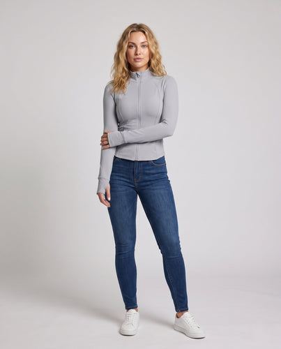 Damen nan taillierte Laufjacke mit Reißverschluss Stehkragen und Daumenlöchern aus elastischem Funktionsmaterial Echo Archiv