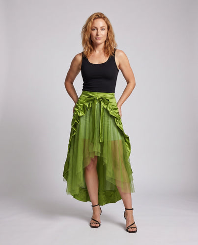 Damen asymmetrischer gefalteter Rock mit Rüschendetails und Taillengürtel Echo Archiv