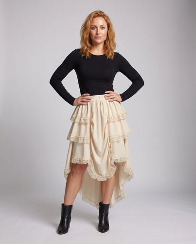 Damen asymmetrischer Midirock mit Rüschendetails und Spitzenapplikationen Echo Archiv