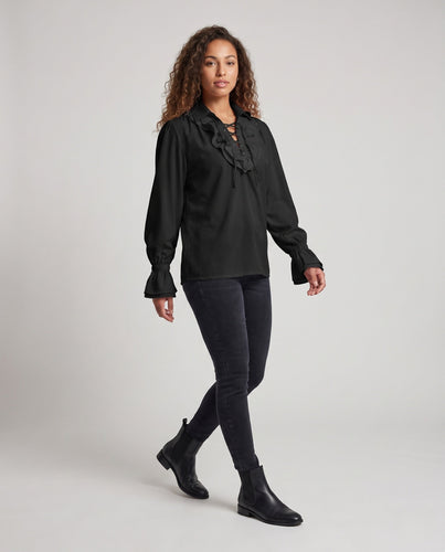 Damen elegante Rüschbluse mit Schnürverschluss und voluminösen Ärmeln Echo Archiv
