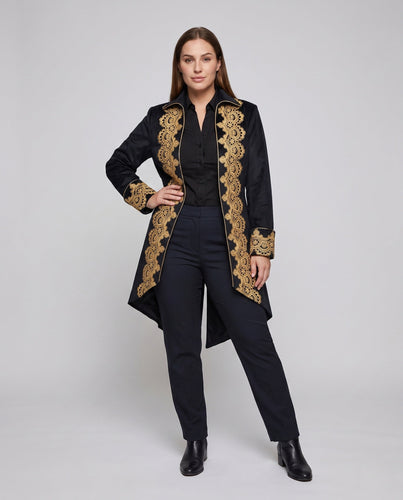 Damen eleganter Frackmantel mit feiner Goldstickerei und asymmetrischem Saum – Montévia