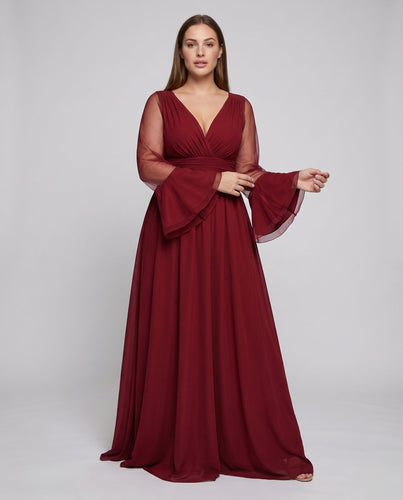 Damen Elegantes Maxikleid mit transparenter Ärmelgestaltung und tiefem V-Ausschnitt – Valéora