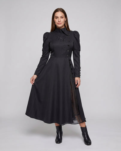 Damen elegante Vintage-Midi-Kleid mit innovativem Schnitt und aufwendigen Puffärmeln Echo Archiv