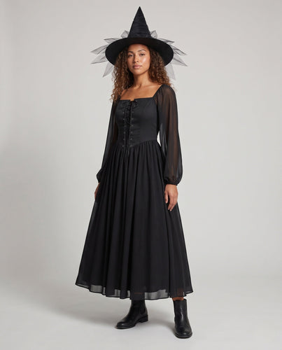 Damen Hexenkleid mit transparenten Ärmeln und verzierter Kapuze Echo Archiv