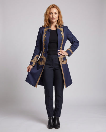 Damen historischer Frackmantel mit luxuriösen goldenen Details – Montévia