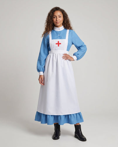 Damen historisches Krankenschwesterkleid mit Schürze und langen Ärmeln Echo Archiv