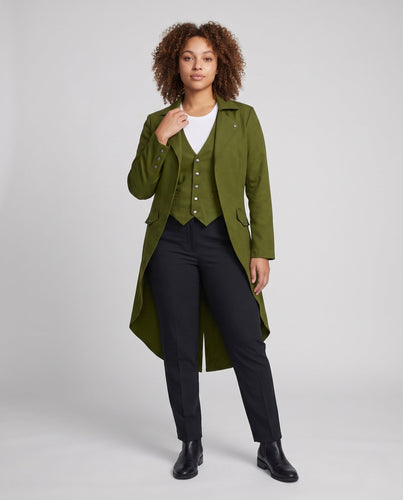 Damen Langmantel mit asymmetrischem Schnitt und kunstvollen Knopfdetails – Montévia