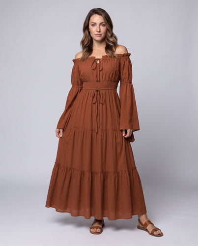 Damen Maxi-Kleid mit luftigen Puffärmeln und elastischem Taillengürtel – Valéora