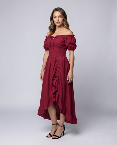 Damen Maxikleid mit schulterfreien Puffärmeln und Rüschendetails – Valéora
