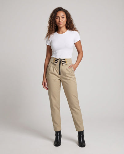 Damen modische hoch taillierte Hose mit dekorativen Knöpfen und Reißverschluss Echo Archiv