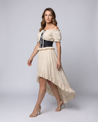 Damen Off-Shoulder Maxikleid mit Volants und detailverliebt geschnürter Taille – Valéora