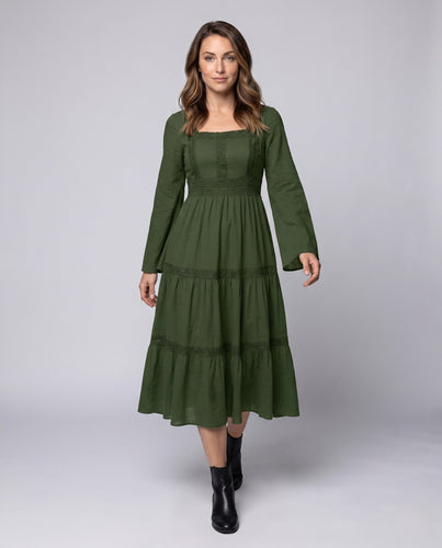 Damen romantisches Boho-Maxikleid mit weiten Ärmeln und Spitzenakzenten – Valéora