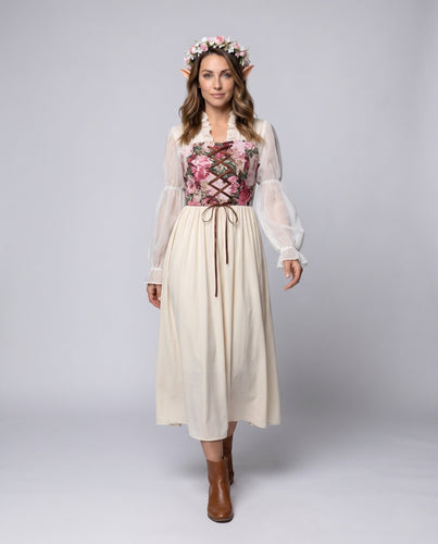 Damen romantisches Maxikleid mit floralem Design und transparenten Puffärmeln – Valéora