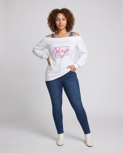 Damen trendy Freizeitoberteil mit Schulterfreiem Design und auffälligem Druck Echo Archiv