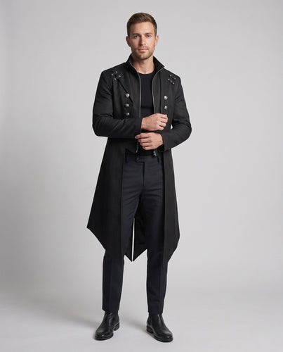 Herren stilvoller Frackmantel mit asymmetrischem Saum und dekorativen Knopfdetails – Montaro