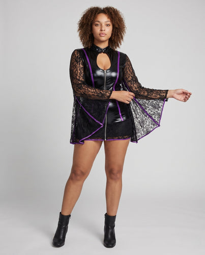 Damen Glamouröses Hexen-Kostüm mit transparentem Umhang und detailverzierten Accessoires Echo Archiv