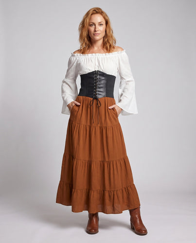 Damen Maxikleid mit romantischem Carmenausschnitt und tailliertem Mieder – Valéora