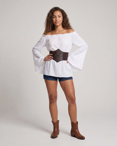 Damen Off-Shoulder Bluse mit weitem Arm und figurformendem Taillengürtel – Élovi