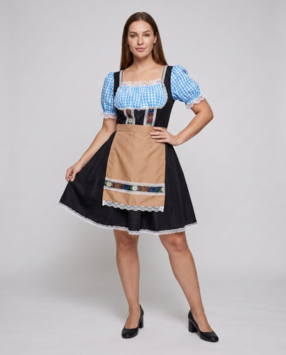 Damen Trachtenkleid mit gesticktem Mieder und braunem Schürzenüberwurf – Élara