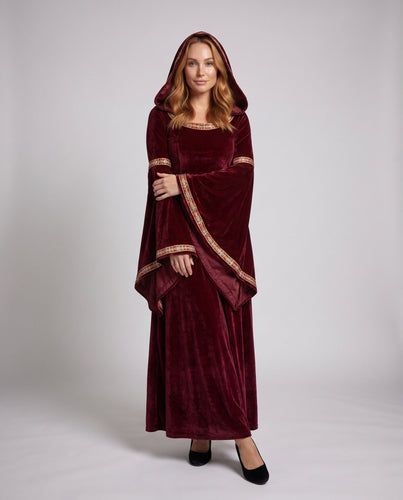 Damen elegantes Kapuzenkleid mit langen, schwingenden Ärmeln und kreativen Akzenten Echo Archiv