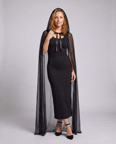 Damen elegantes Langarmkostüm mit schimmerndem Überrock und Kapuze Echo Archiv