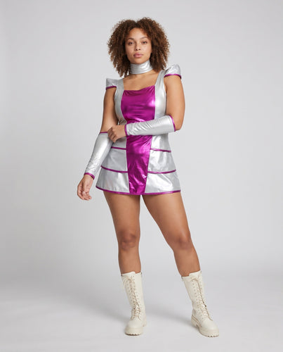 Damen Futuristisches Kostüm mit Armstulpen und glänzenden Akzenten Echo Archiv