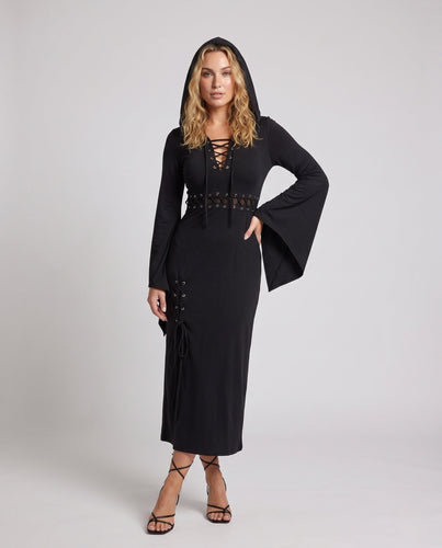 Damen Gothic Kleid mit Kapuze und weit ausgestellten Ärmeln Echo Archiv