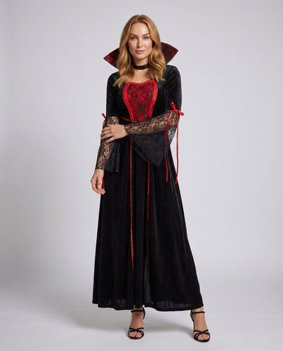 Damen Gothic Vampir-Halloween Kleid mit Spitzenärmel und schickem Umhang Echo Archiv