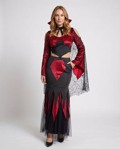 Damen Gothic Vampirkleid mit transparenten Tüllärmel und dramatischem Schlitz Echo Archiv