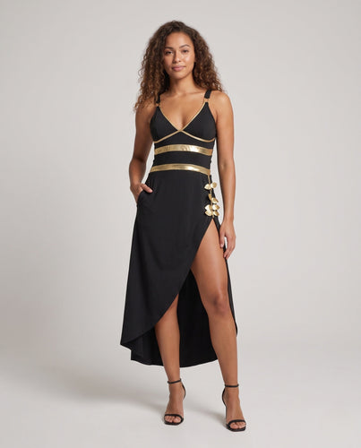 Damen Kostümkleid mit hohem Schlitz und goldenen Akzenten Echo Archiv