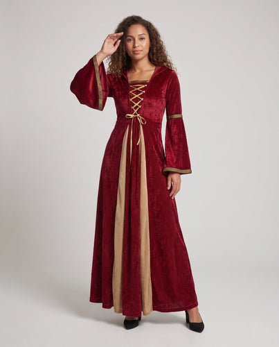 Damen märchenhaftes Kostümkleid mit Kapuze und weiten Ärmeln Echo Archiv