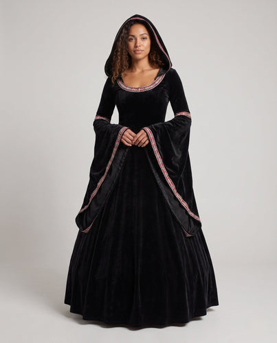 Damen Mystisches Hexenkleid mit Kapuze und weit ausgestellten Ärmeln Echo Archiv