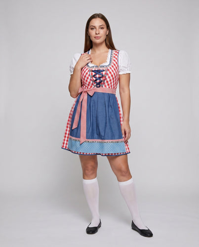Damen Trachtenkleid mit kariertem Oberteil und satinierter Schärpe – Élara