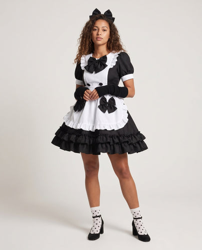 Damen verspieltes Rüschenkleid mit Schleifen und Kapuze Echo Archiv