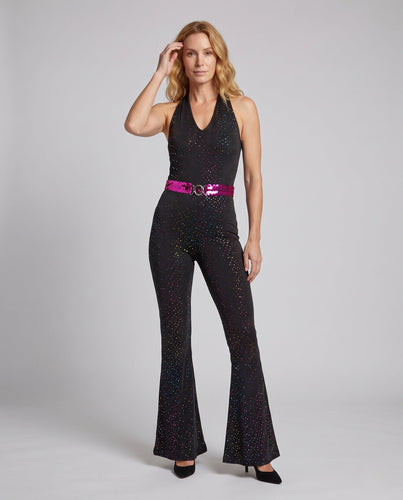 Damen Funkelnder Disco Overall mit weitem Bein und glitzerndem Gürtel Echo Archiv