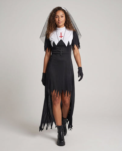 Damen Halloween Nonnenkostüm mit schaurigen Details und langem Umhang Echo Archiv