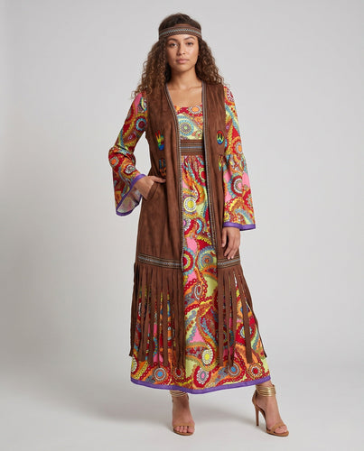 Damen Hippie Kleid mit bunten Mustern und Fransen Echo Archiv