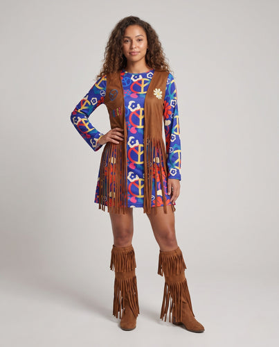 Damen Hippie-Kostüm mit Fransen und Blumenmuster Echo Archiv