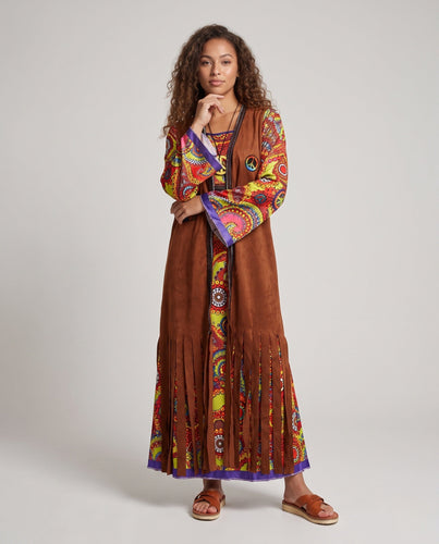 Damen Hippie-Langkleid mit bunten Mustern und Fransen Echo Archiv