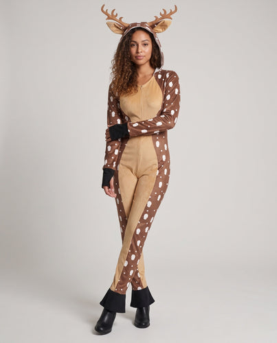 Damen Plüsch Rentier Overall mit Kapuze und niedlichen Details Echo Archiv