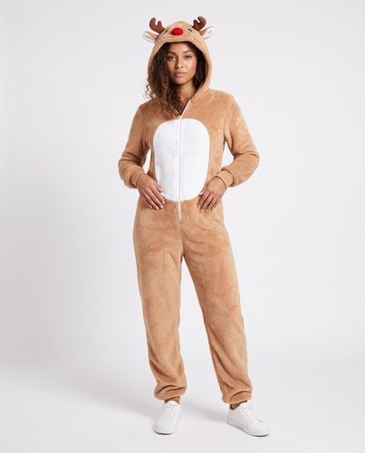 Damen Plüsch Rentier Overall mit Kapuze und tierischen Akzenten Echo Archiv