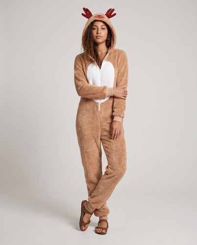 Damen Plüsch Rentier Overall mit Kapuze und tierischen Ohren Echo Archiv