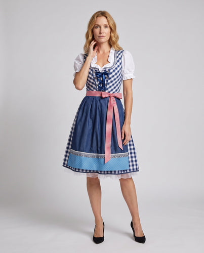 Damen traditionelles Dirndl-Kleid mit Karomuster und kombinierten Spitzenakzenten – Élara