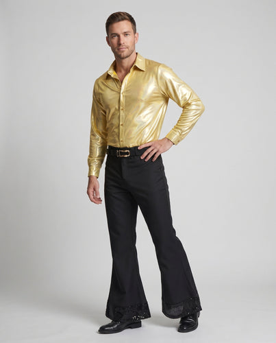 Herren Disco Outfit mit glänzender Bluse und weiten Hosen Echo Archiv