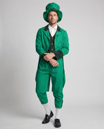 Herren elegantes Leprechaun-Kostüm mit fröhlichem Hut und detaillierter echo-archiv-Jacke Echo Archiv