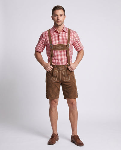 Herren Trachten-Lederhose mit kunstvollen Stickereien und verstellbaren Trägern – Marzano