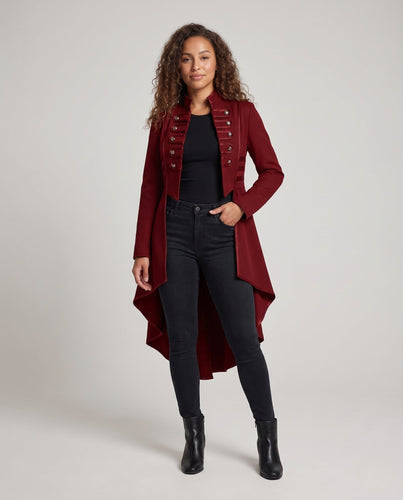 Damen Eleganter Kapuzenmantel mit asymmetrischem Saum und kunstvollen Knöpfen Echo Archiv